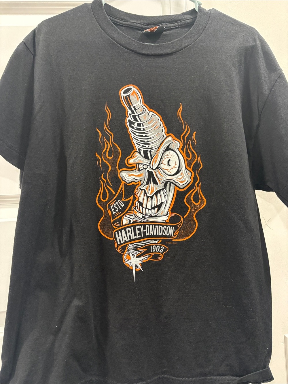 Harley-Davidson Black Tee with Orange Flame Skull and Spark Plug Graphic